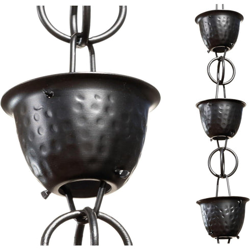 Aluminum Hammered Cup Rain Chain Replacement Downspout for Gutters, Matte Black